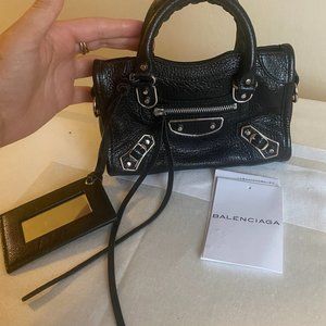 Balenciaga City Nano Bag in Black with Chevre Silver Metallic Edge Hardware